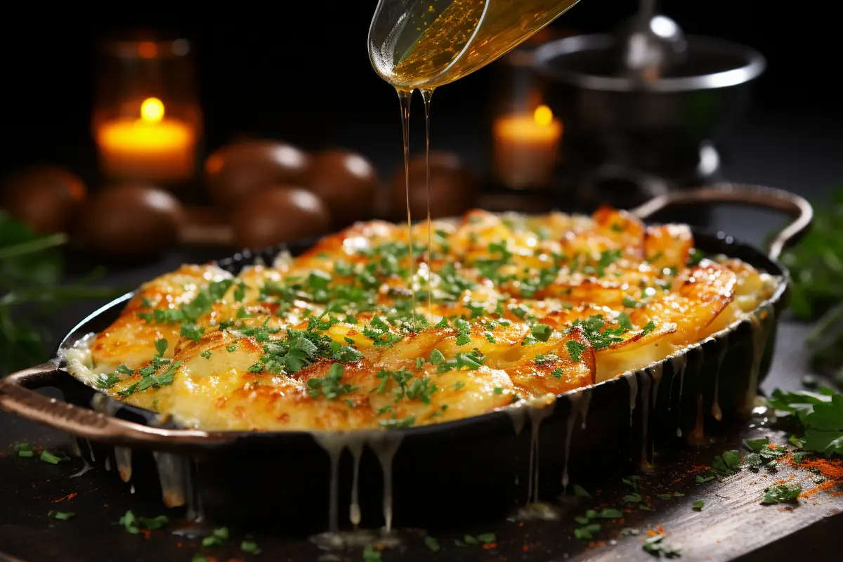 Gratin dauphinois doré dans un plat en céramique, avec une surface fine et croustillante et des pommes de terre fondantes
