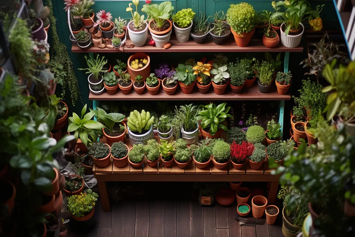 Petit potager urbain sur balcon avec tomates cerises, basilic, salades et fraisiers dans des bacs percés