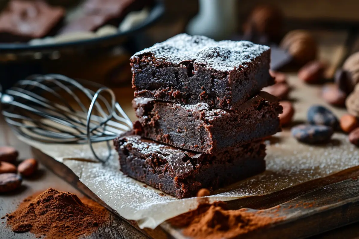 Carrés de brownie au chocolat sans gluten, à croûte fine et cœur dense, reposant sur du papier cuisson.
