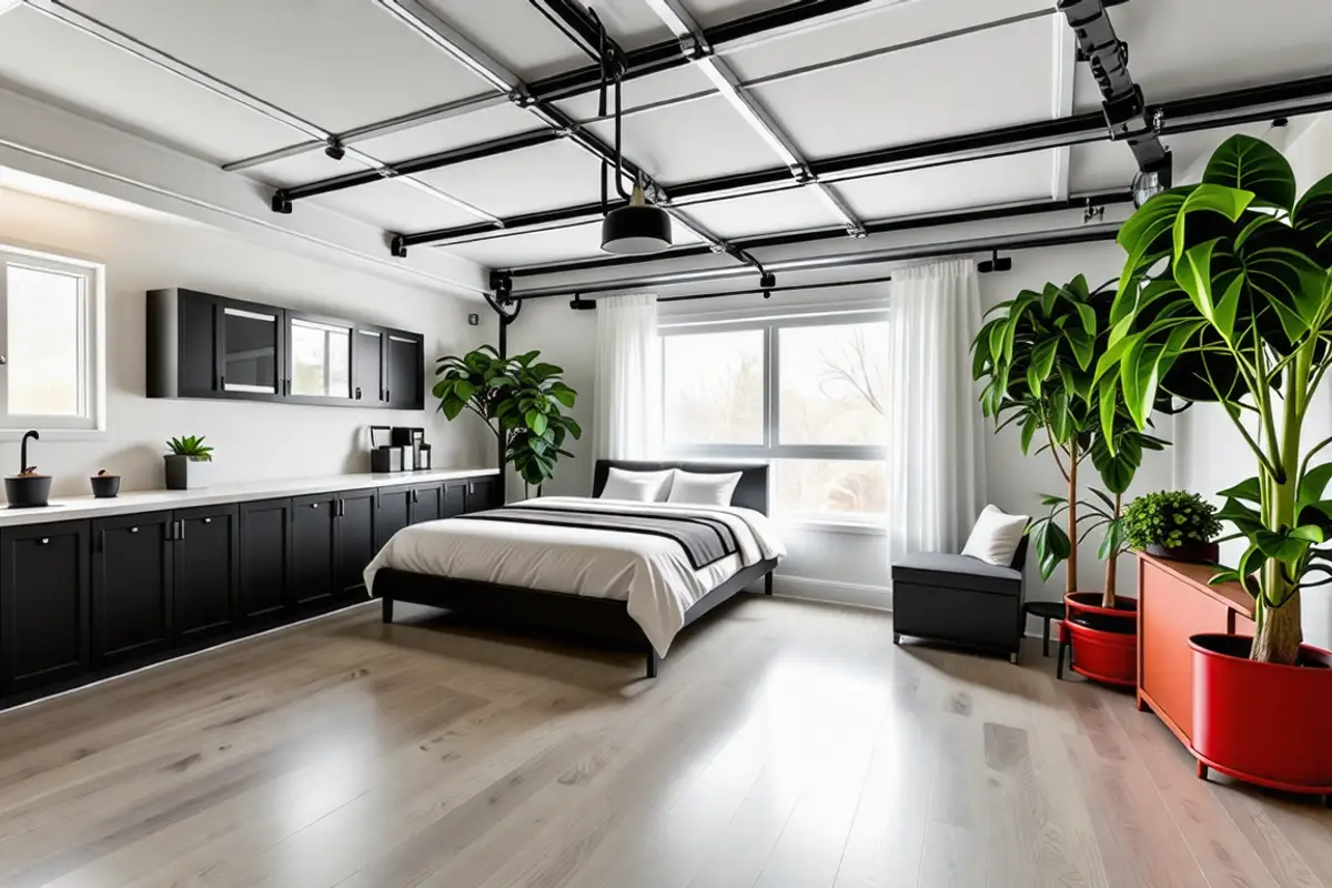 Ancien garage rénové en chambre lumineuse avec fenêtre, sol en bois et rangements intégrés