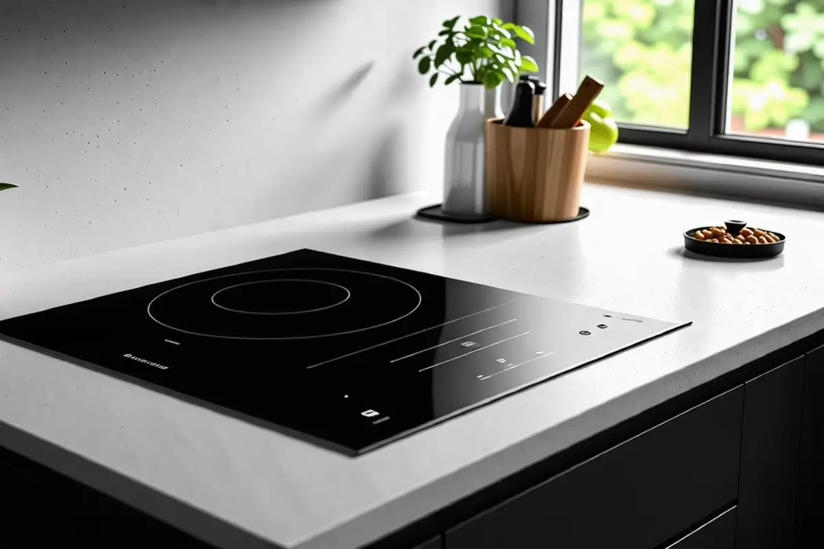 Plaque à induction encastrée avec trois casseroles de tailles différentes sur un plan de travail en bois clair