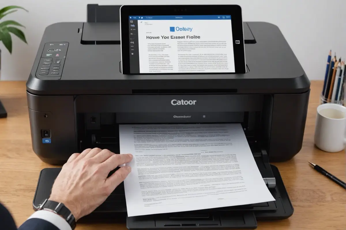Ordinateur et imprimante de bureau produisant un document Word en noir et blanc, avec aperçu d’impression