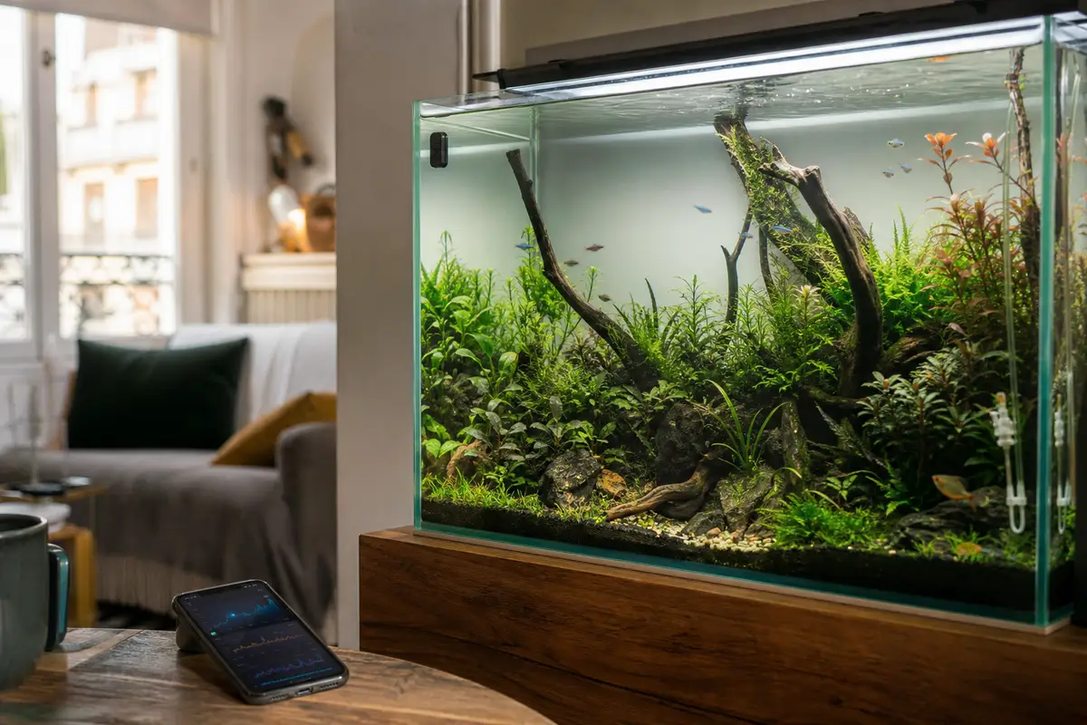 Aquascape planté avec capteurs discrets, tubes de dosage et suivi connecté posé à proximité