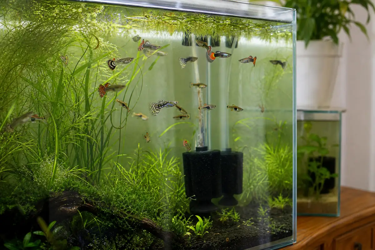 Aquarium tropical planté avec guppys et rasboras, équipé d’un filtre sur mousse pour l’élevage