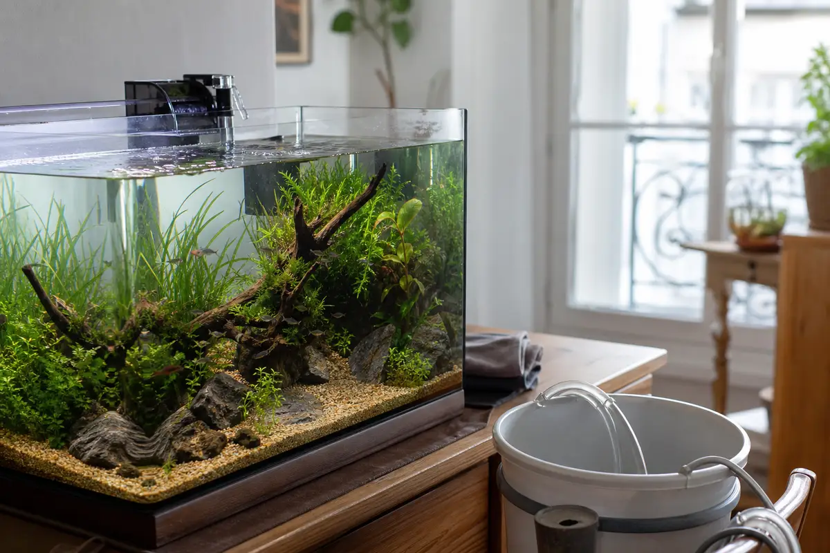 Aquascape débutant de 60 litres avec plantes faciles, racine, eau claire et léger remous du filtre