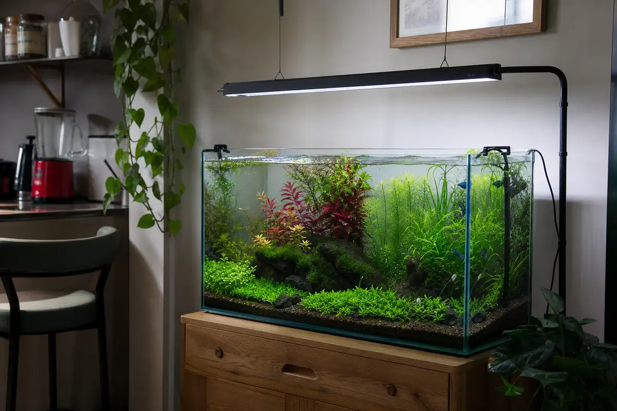 Rampe LED à spectre complet éclairant un aquarium planté avec plantes vertes et tiges rouges
