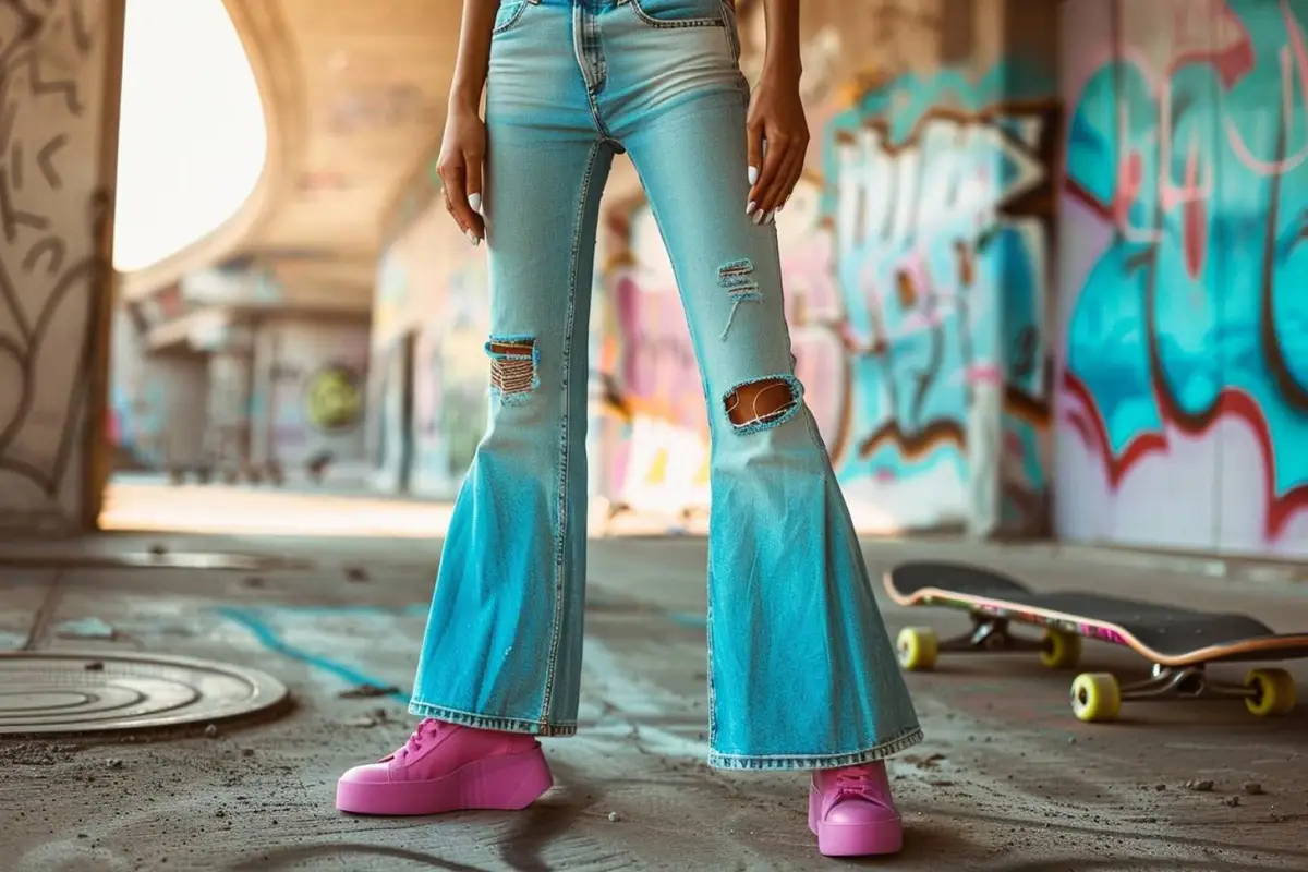 Silhouette en jean bootcut et veste zippée illustrant une interprétation actuelle du style des années 2000