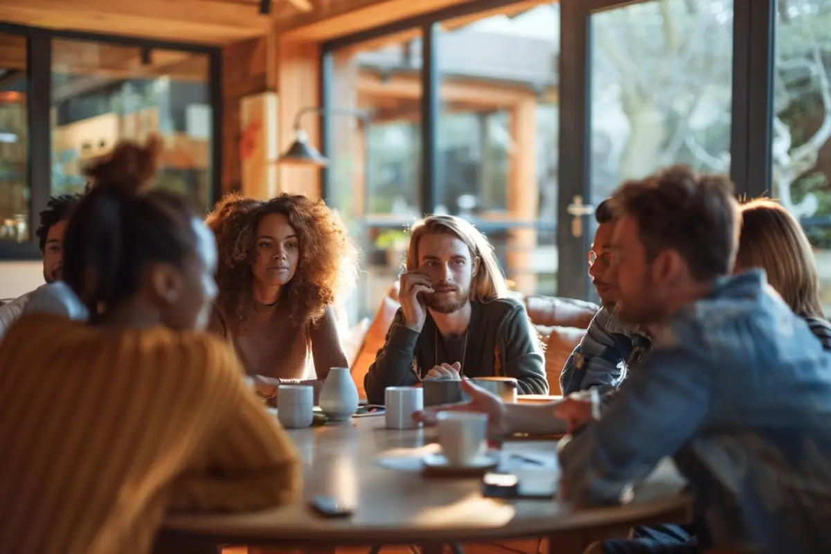 Deux proches discutent calmement autour d’une table pour reconstruire une relation de confiance
