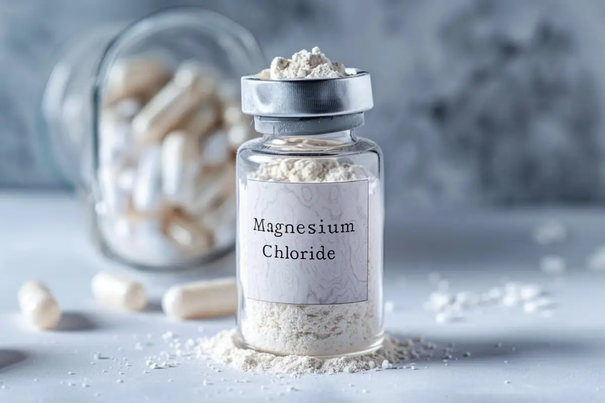Cristaux blancs de chlorure de magnésium, verre d'eau et aliments riches en magnésium sur un plan de travail
