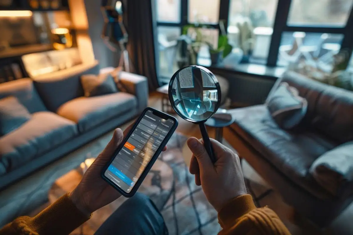 Mains réglant les notifications et la confidentialité d’un smartphone près d’un ordinateur portable sur un bureau.