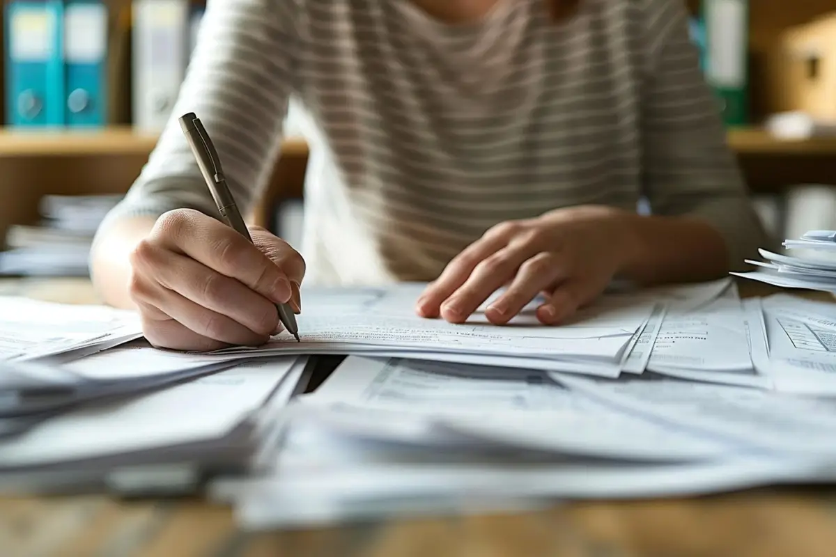 Mains organisant relevés, carte bancaire et courrier pour préparer la clôture sécurisée d’un compte bancaire