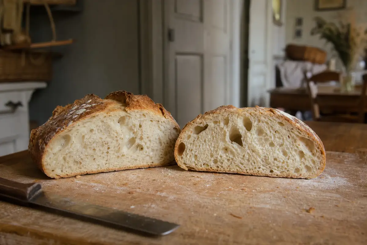 Pain maison coupé en deux sur une planche en bois, mie visible et farine saupoudrée, lumière naturelle de cuisine