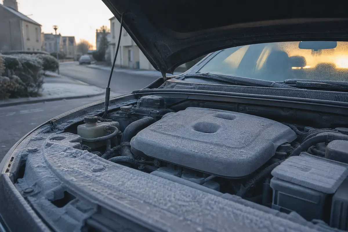 Moteur de voiture couvert de givre par un matin d’hiver froid, tableau de bord visible à travers le pare-brise