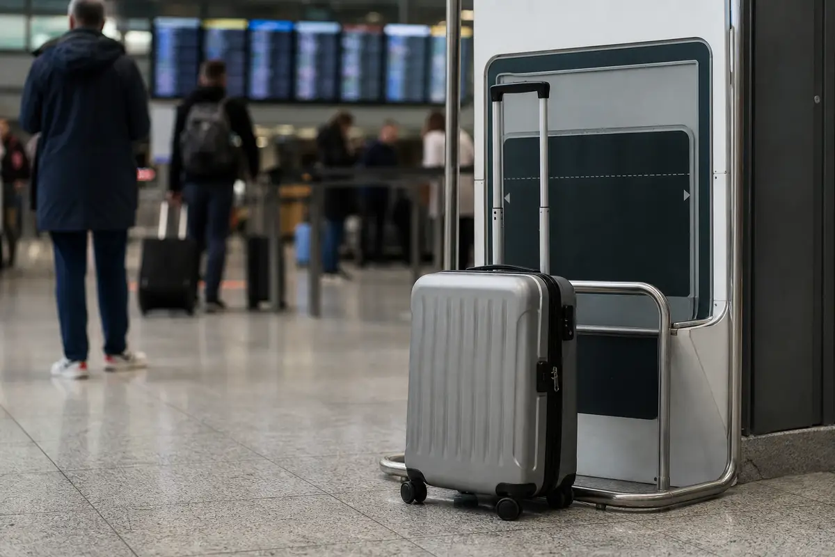 Valise cabine à roulettes posée près d’un gabarit de mesure dans un aéroport, panneaux de départs flous en arrière-plan