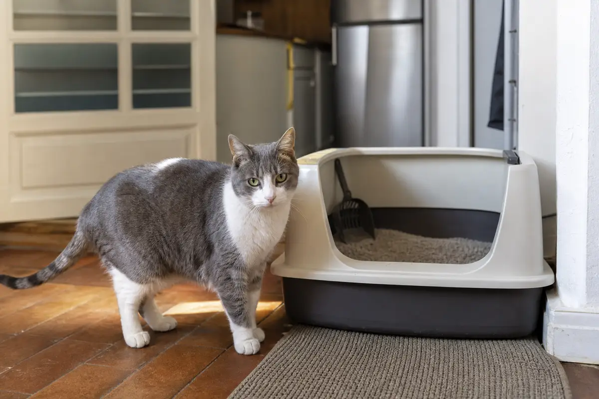Chat domestique debout à côté d’un bac à litière sur un sol carrelé, intérieur de maison en lumière naturelle