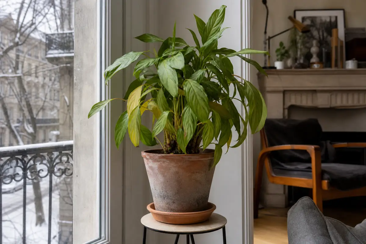 Plante verte en pot près d’une fenêtre en hiver, quelques feuilles du bas jaunies, intérieur douillet en arrière-plan