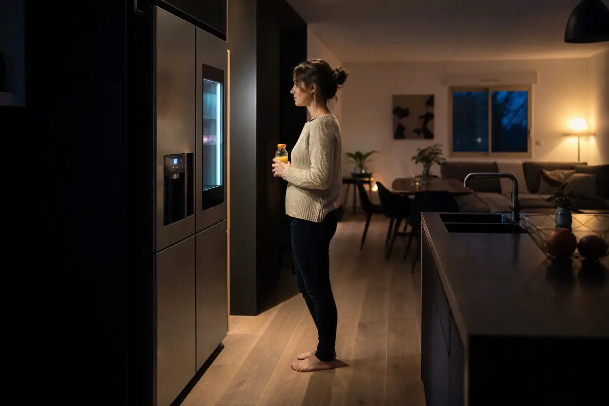 Réfrigérateur moderne dans une cuisine faiblement éclairée la nuit, ambiance calme et silencieuse d’intérieur