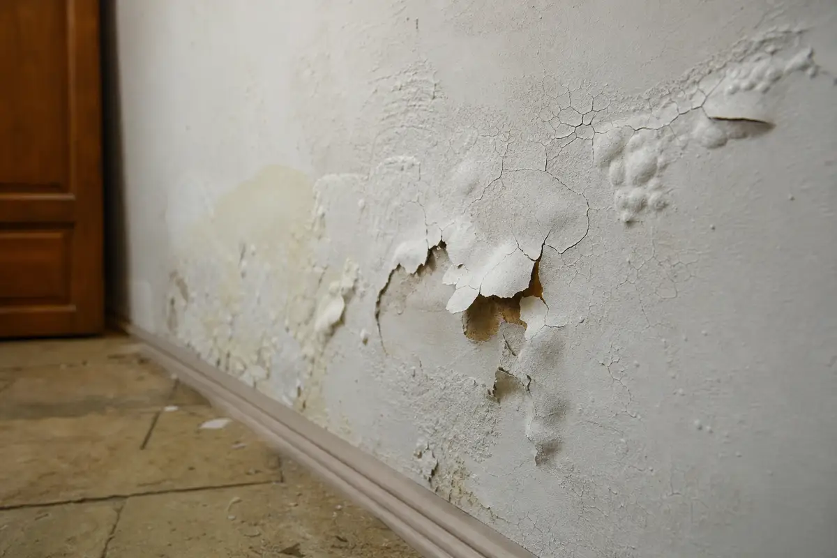 Peinture murale intérieure formant des cloques et se décollant par plaques, gros plan sur le mur endommagé