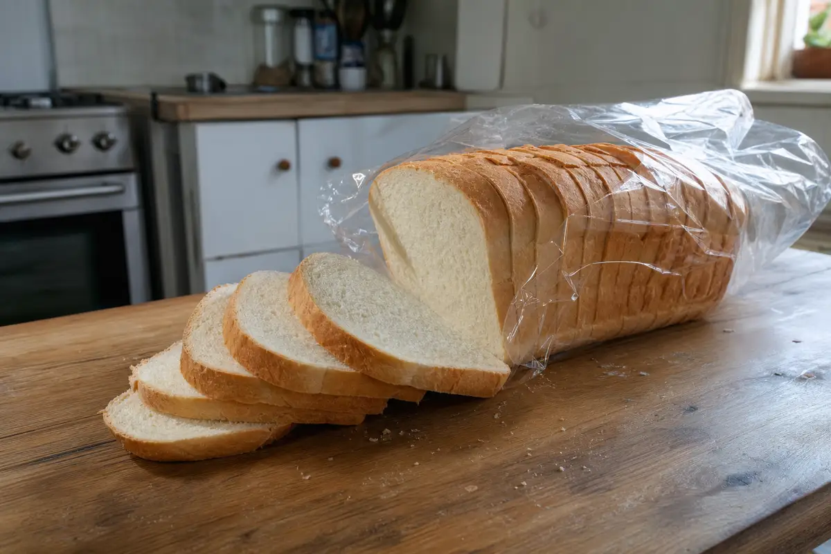 Pain de mie tranché posé sur un plan de travail en bois, sachet ouvert à côté, lumière naturelle de cuisine