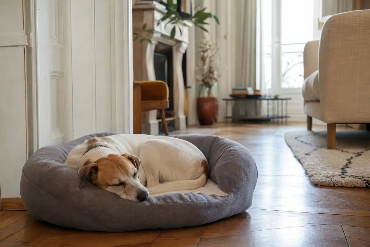 Chien domestique endormi en boule dans son panier, salon chaleureux baigné de lumière naturelle douce