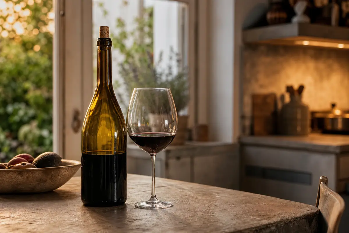 Bouteille de vin entamée rebouchée sur un plan de travail, verre de vin posé à côté, lumière chaude du soir