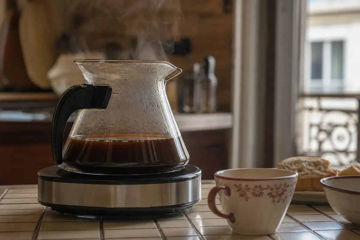 Verseuse en verre de café passé posée sur une plaque chauffante, légère vapeur, lumière chaude de cuisine le matin