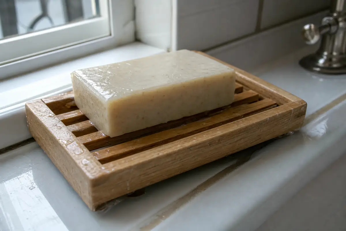 Pain de savon posé sur un porte-savon en bois à lattes dans une salle de bain, gouttes d’eau visibles, lumière naturelle