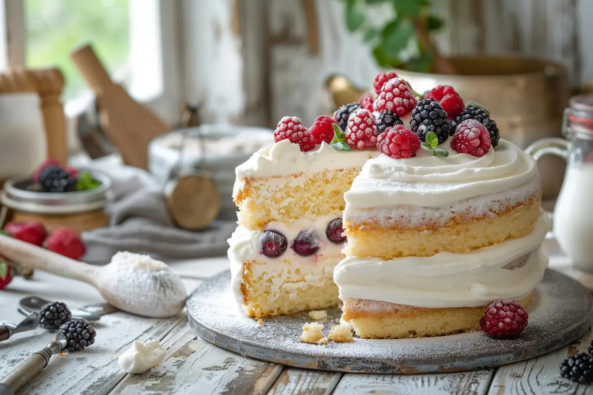 Gâteau à la crème fraîche doré sur une grille, avec une part coupée révélant une mie moelleuse