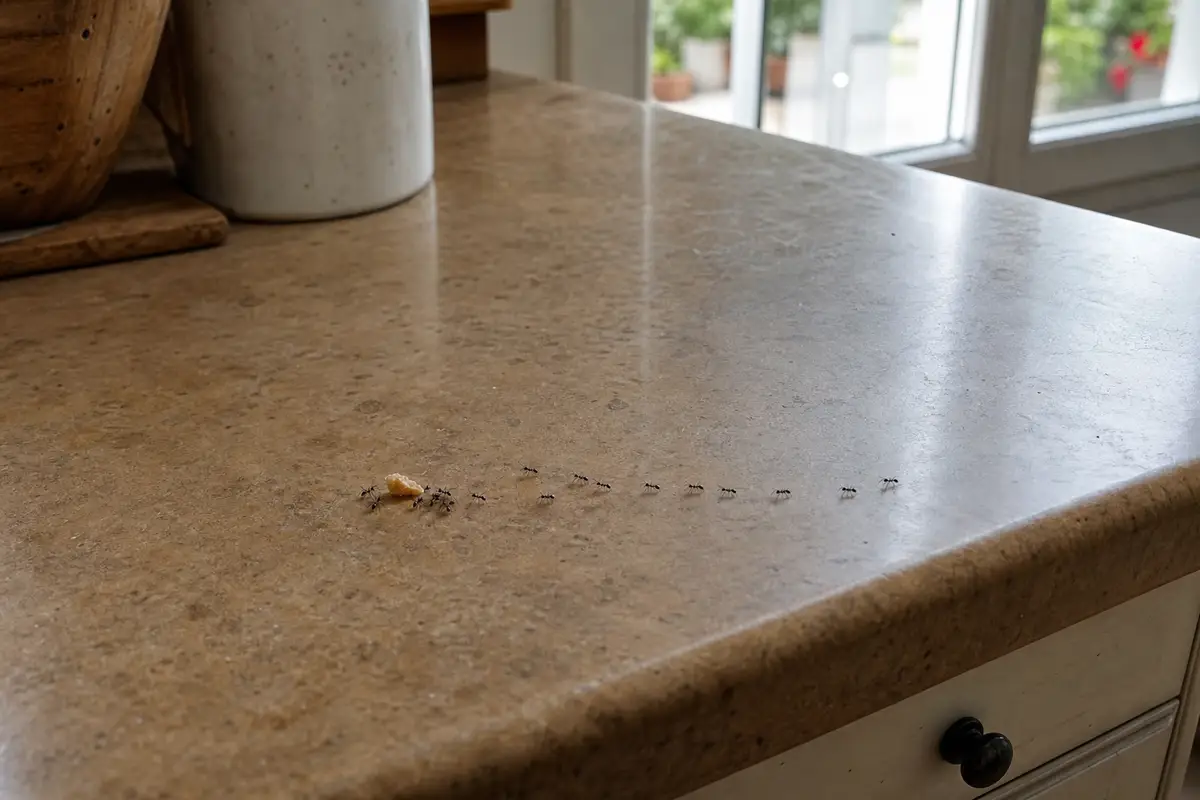 Colonne de fourmis sur un plan de travail de cuisine près d’une miette de nourriture, lumière naturelle de fenêtre