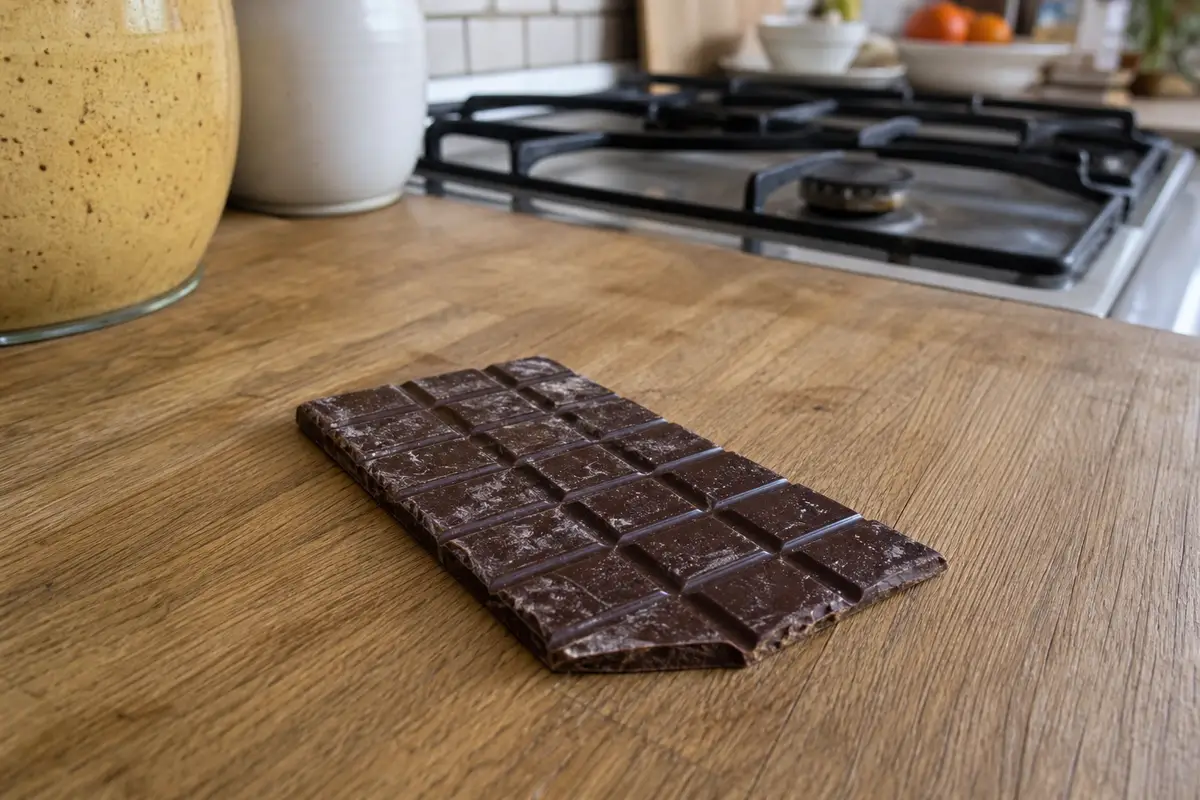 Tablette de chocolat présentant des taches blanches de blanchiment sur sa surface, posée sur un plan de travail en bois