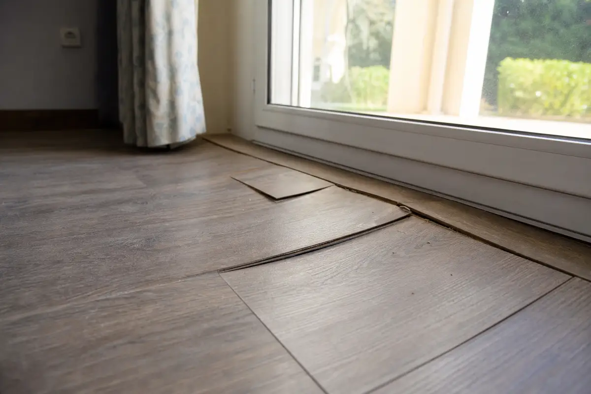 Parquet stratifié gonflé et déformé au niveau du rebord d’une fenêtre, lumière naturelle traversant la pièce