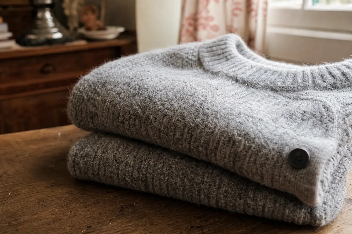 Pull en laine plié sur une surface en bois, texture du tricot et fibres visibles, lumière naturelle douce d’intérieur