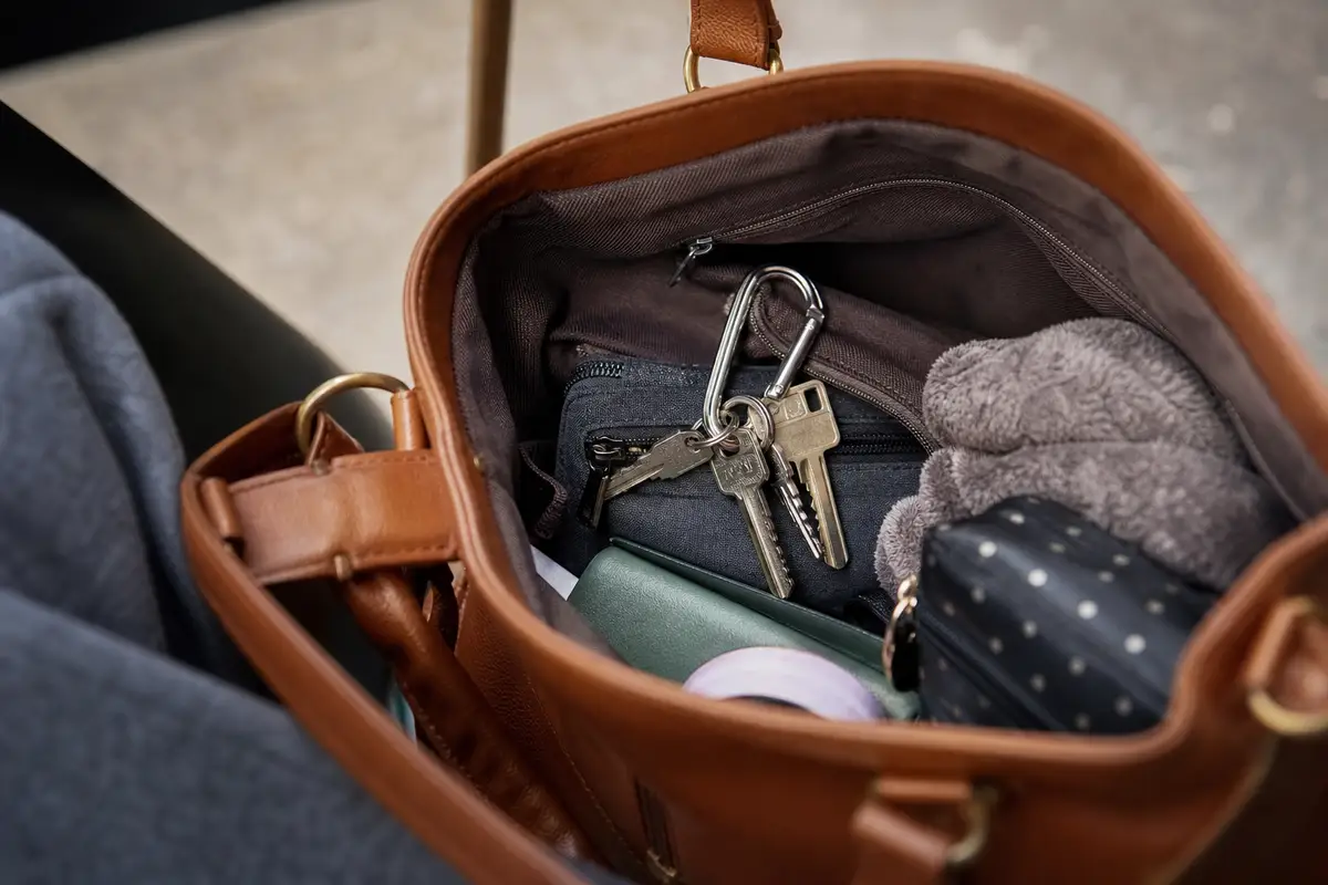 Trousseau de clés attaché à un mousqueton à l’intérieur d’un sac à main ouvert, objets du quotidien visibles autour