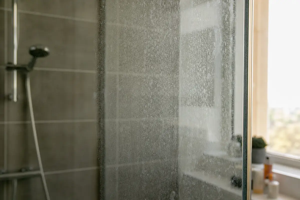 Paroi de douche en verre présentant des traces de calcaire visibles, carrelage de salle de bain flou en arrière-plan