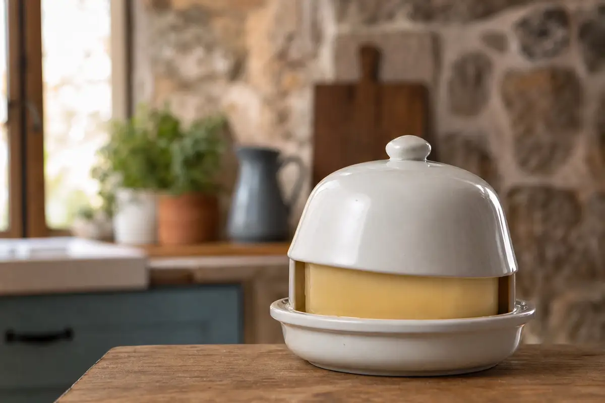 Beurrier français traditionnel en céramique avec cloche et socle rempli d’eau, beurre tendre visible, plan de travail en bois