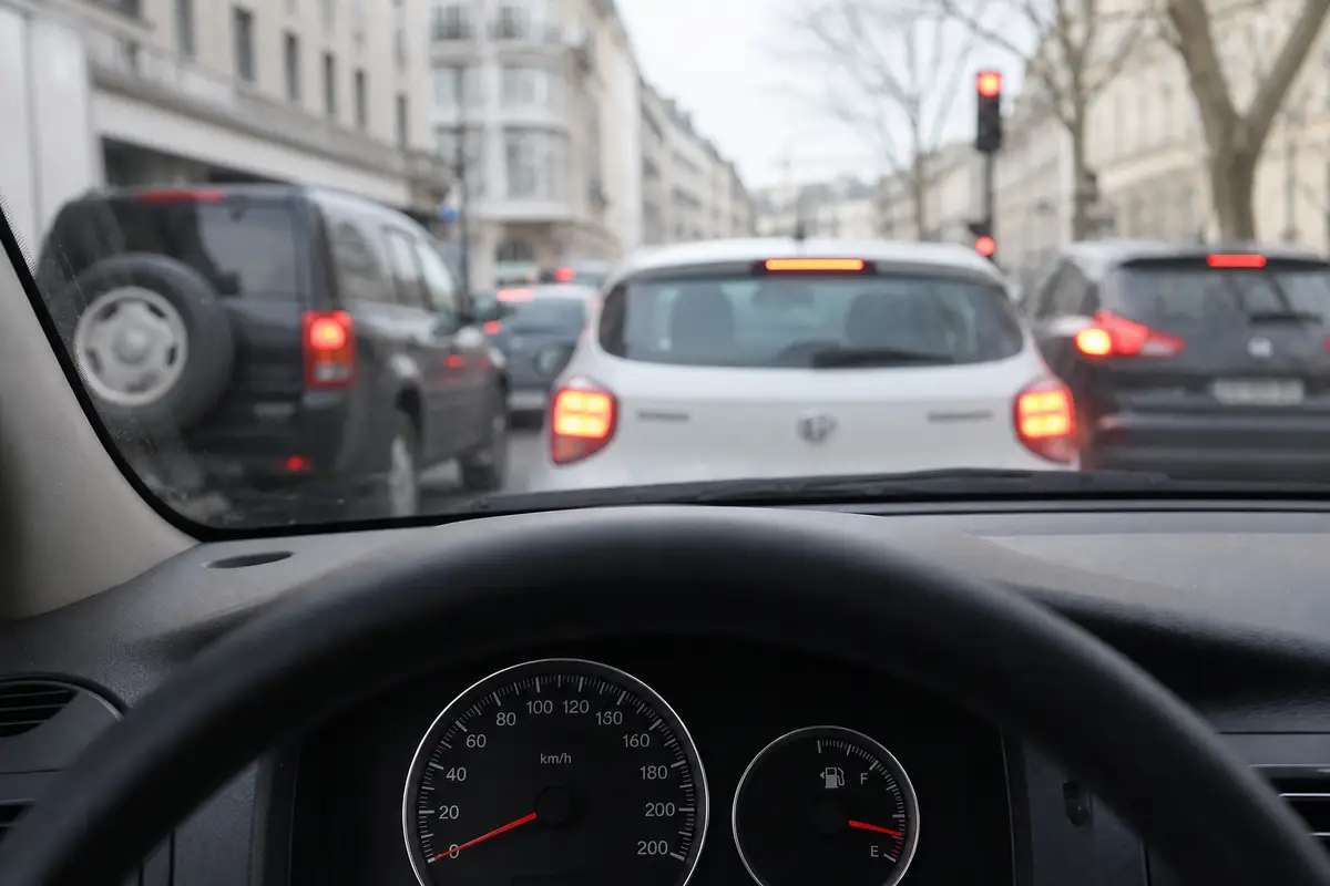 Tableau de bord de voiture avec compteur et jauge de carburant, circulation urbaine à l’arrêt visible au pare-brise