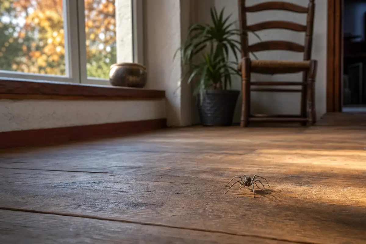 Araignée traversant un parquet en bois près d’une fenêtre dans une maison, lumière chaude d’automne en fin d’après-midi