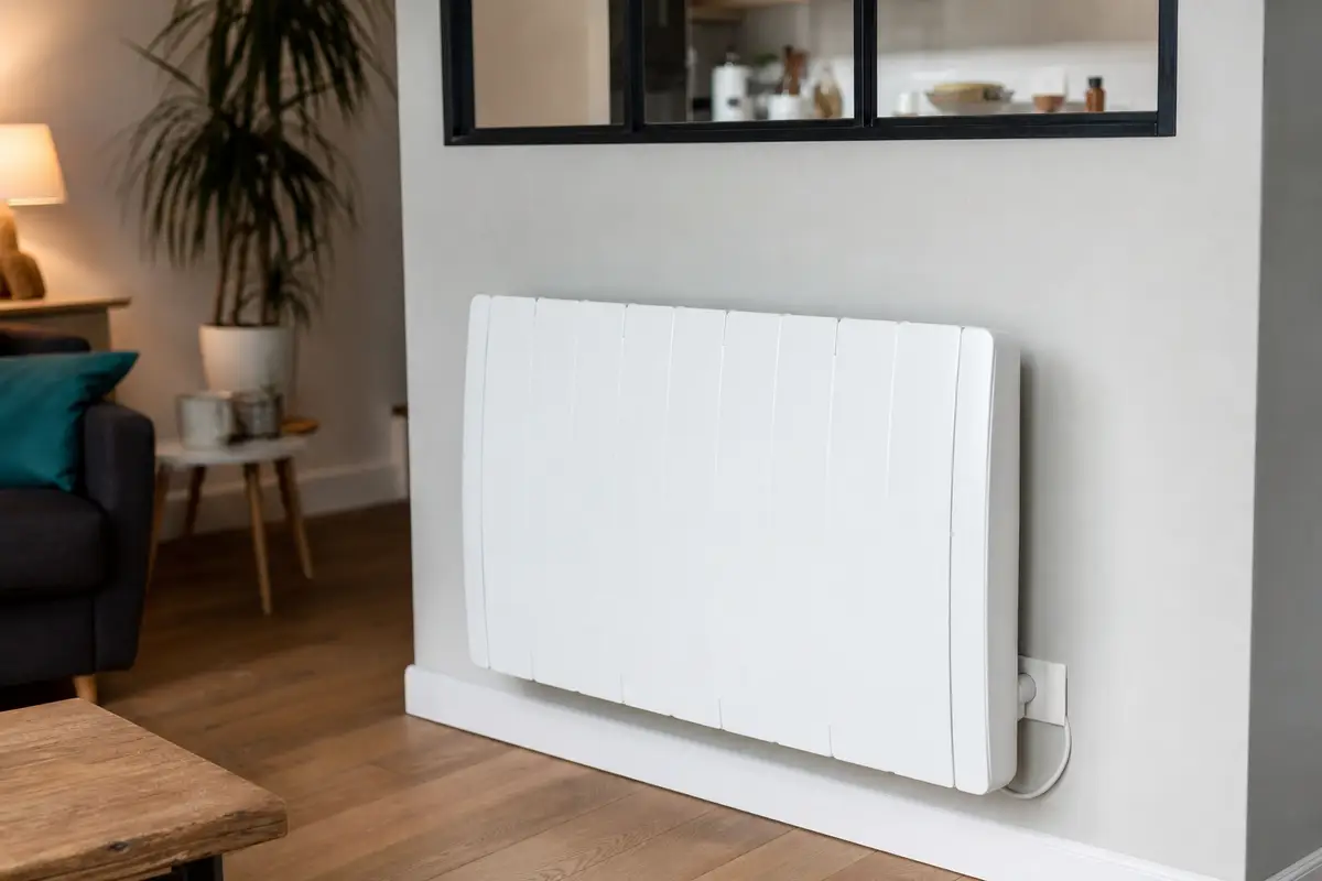 Radiateur à inertie blanc en céramique fixé au mur d’un salon chaleureux, lumière naturelle douce d’intérieur