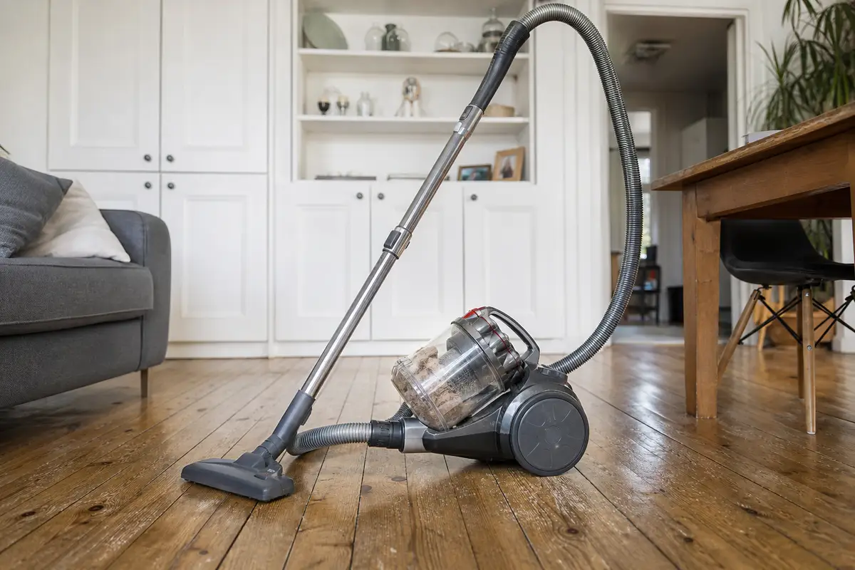 Aspirateur sans sac moderne avec bac transparent posé sur un parquet, salon lumineux en arrière-plan
