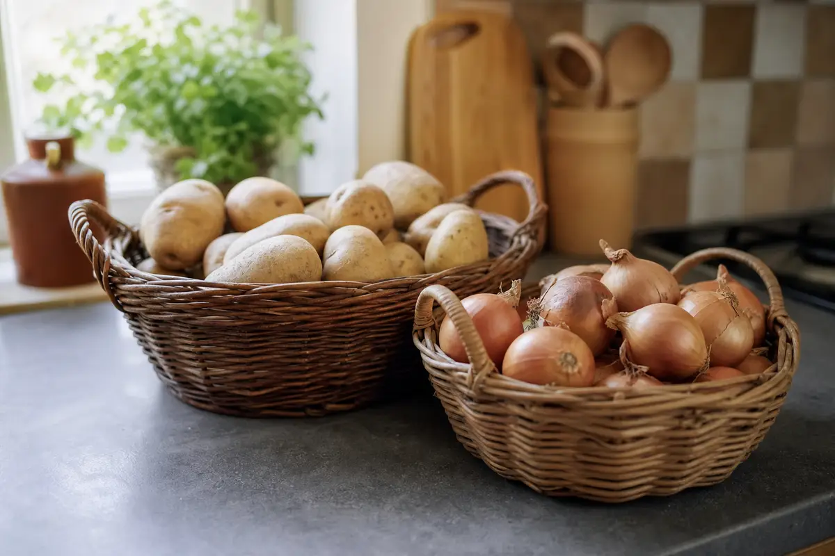 Pommes de terre et oignons rangés séparément dans deux paniers en osier sur un plan de travail de cuisine