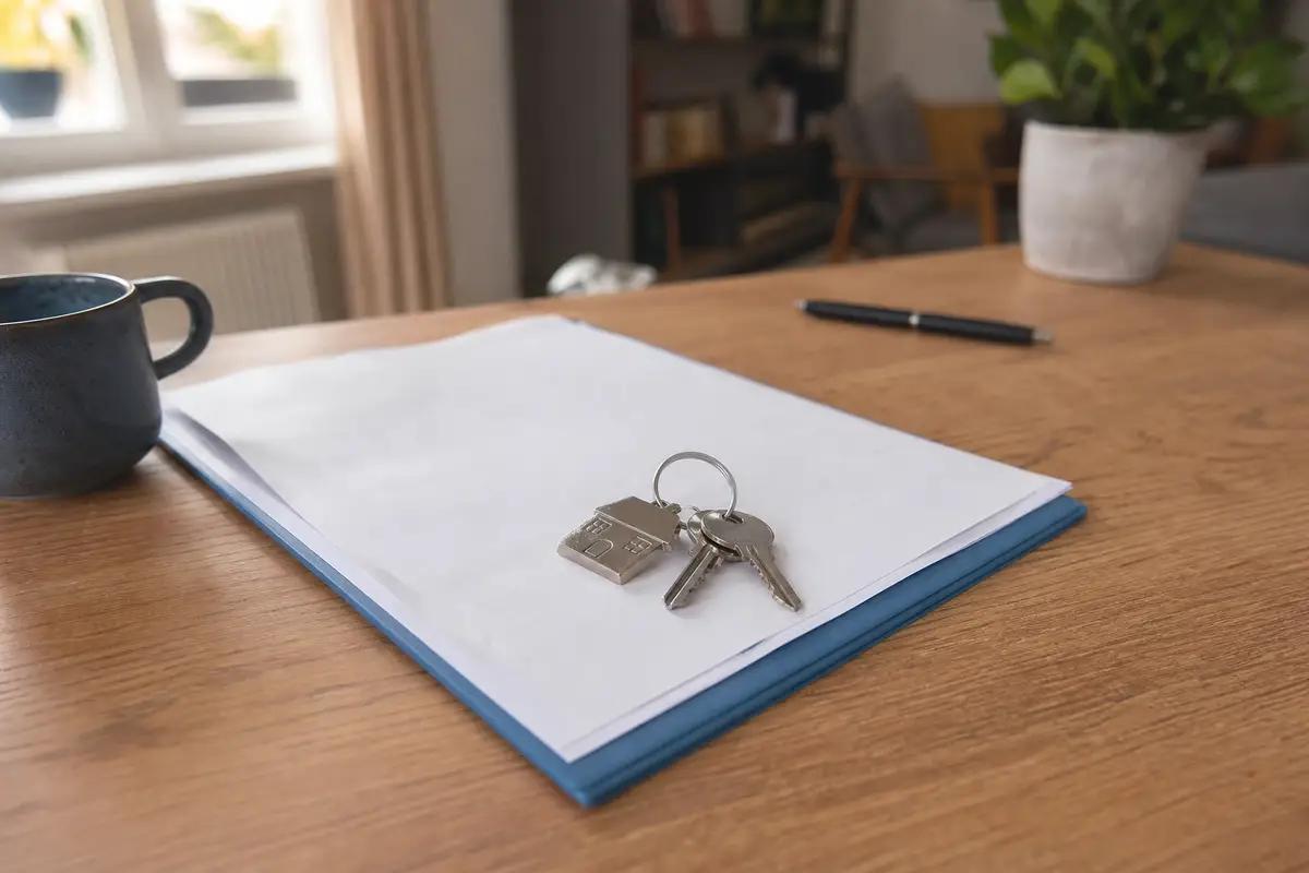 Trousseau de clés posé sur un document d’assurance habitation sur une table en bois, lumière naturelle douce