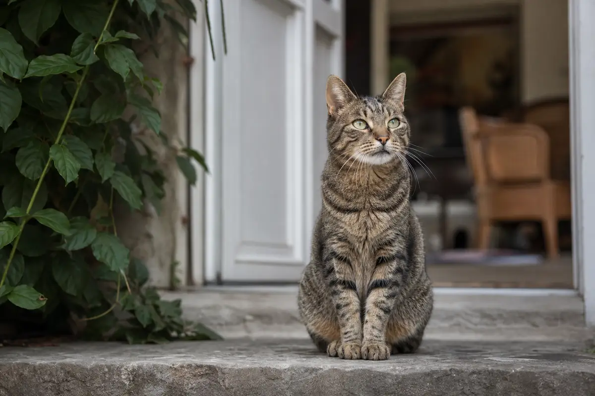 Chat domestique assis fièrement près d’une porte d’entrée de maison, lumière naturelle douce, intérieur chaleureux