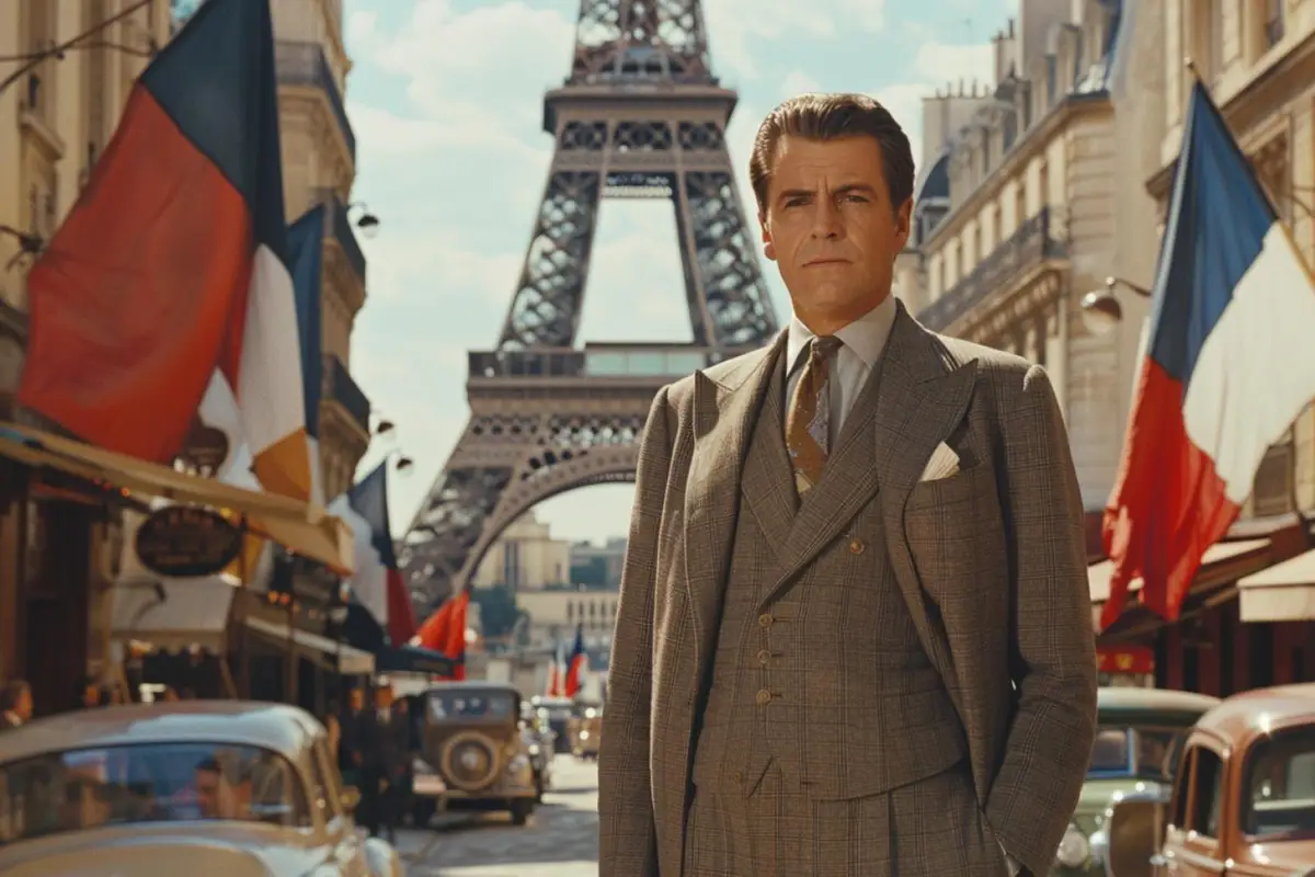 Jeune étudiant français des années 1950 quittant un bâtiment administratif parisien, dossiers sous le bras