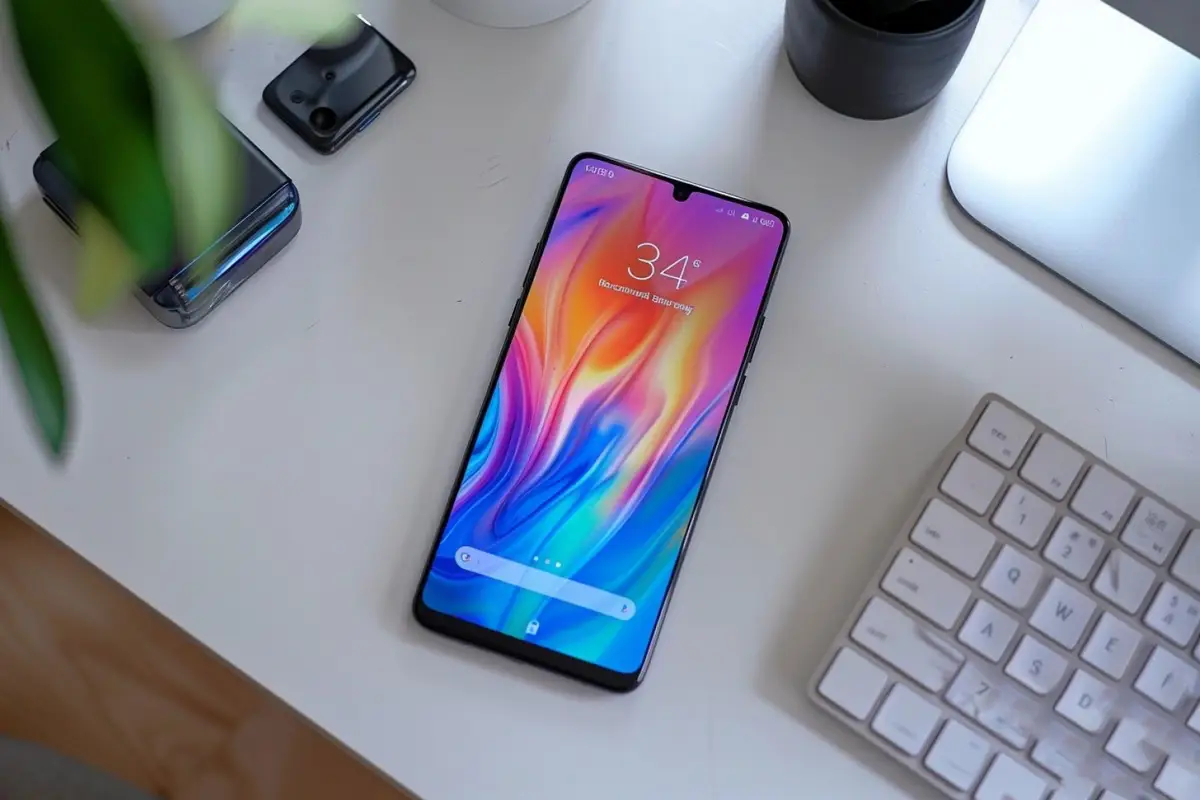 Mains vérifiant l’écran et les accessoires d’un téléphone reconditionné posé près de son emballage