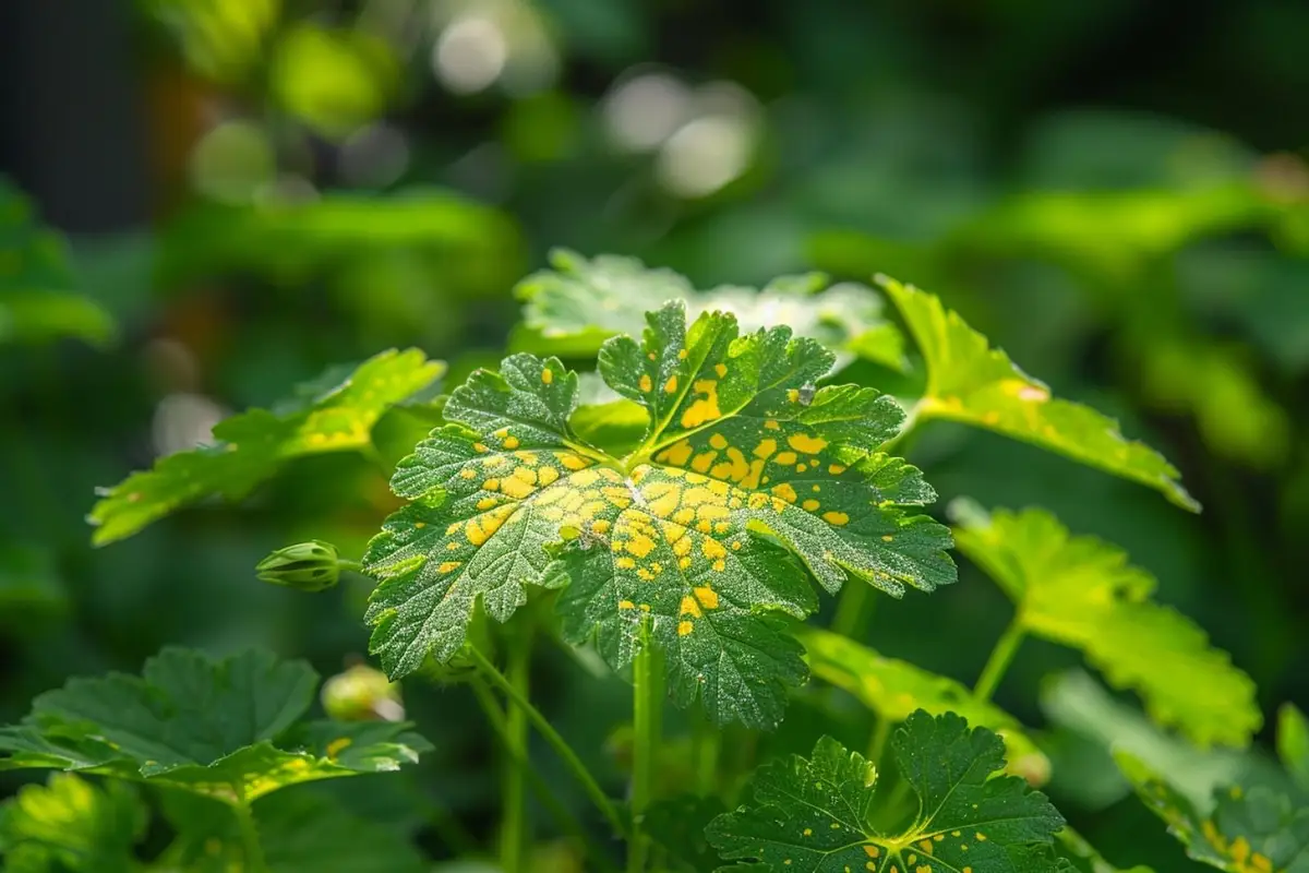 Géranium en pot sur un balcon, avec quelques feuilles jaunes et une main vérifiant l’humidité du terreau
