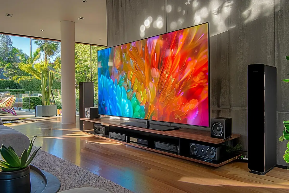 Grand téléviseur haute définition dans un salon, avec mesure du recul et détail de la finesse de l’écran