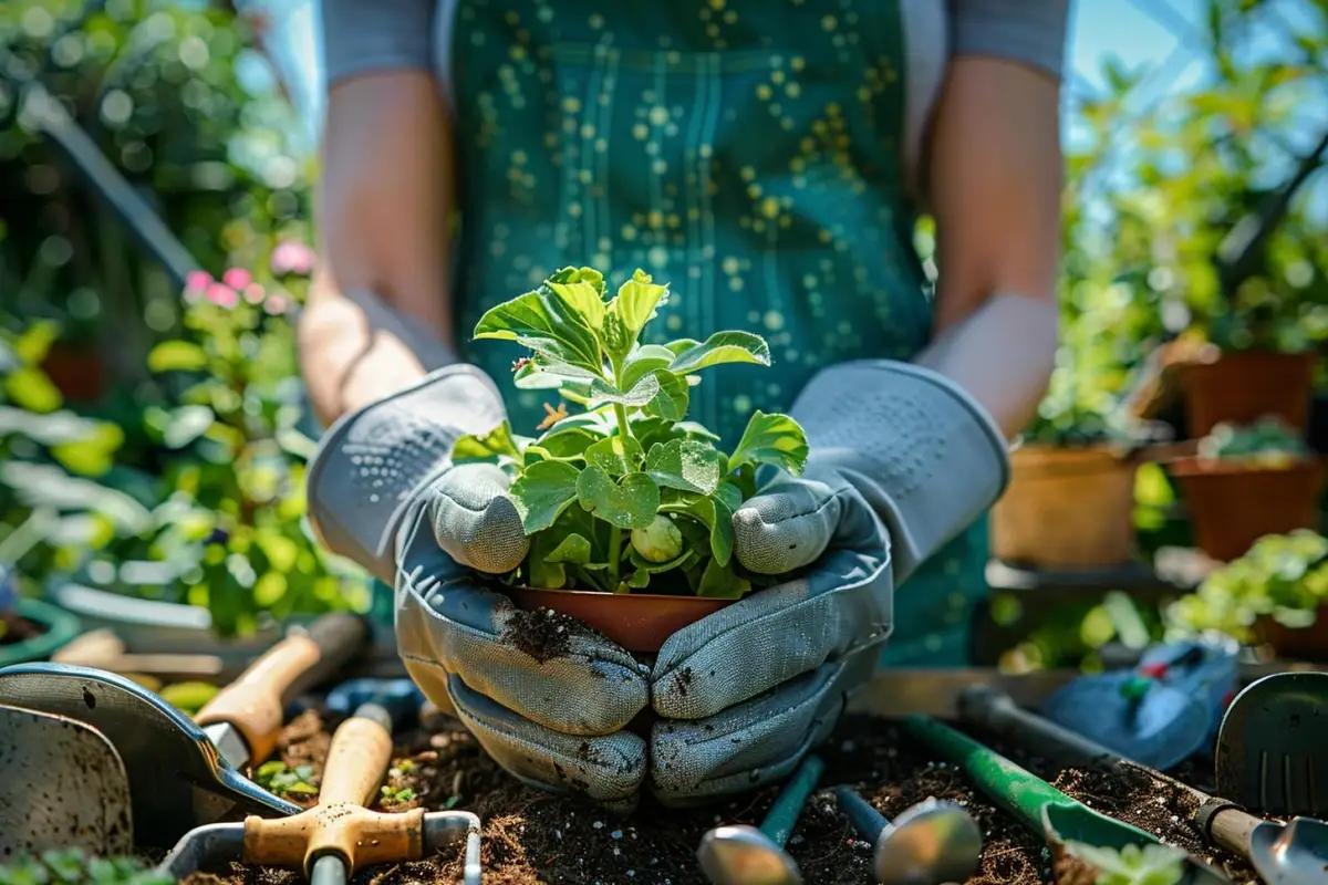 Mains vérifiant l’humidité d’un pot de basilic sur un balcon avec outils de jardinage et plantes saines