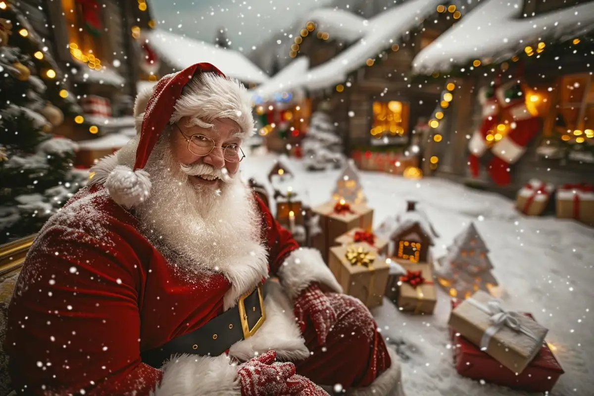 Objets évoquant saint Nicolas, les rennes et l’évolution historique du Père Noël sur une table de Noël