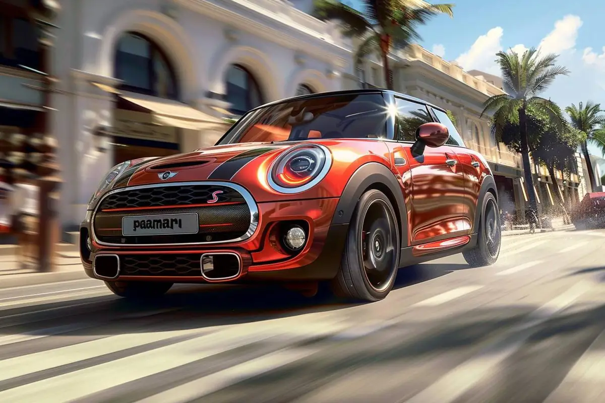 Mini Paceman bleu foncé vue de trois quarts, garée dans une rue urbaine française au petit matin