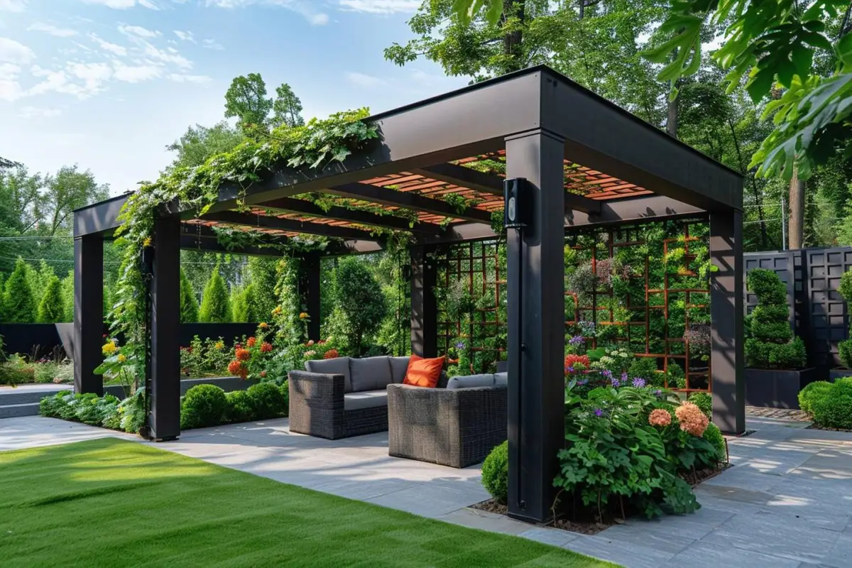 Pergola anthracite à toile rétractable ombrageant une table sur une terrasse de jardin en fin d’après-midi